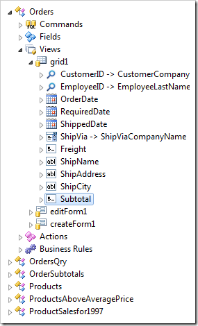 Subtotal data field node has been created in 'grid1'.