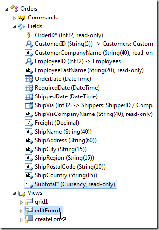 Dropping Subtotal field node onto 'editForm1' view node.