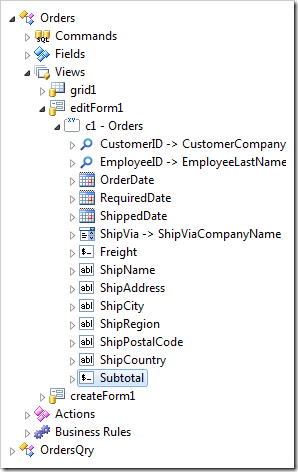 Subtotal data field node has been created in 'editForm1'.