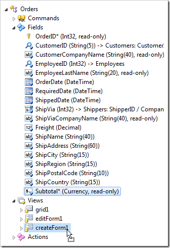 Dropping Subtotal field node onto 'createForm1' view node.