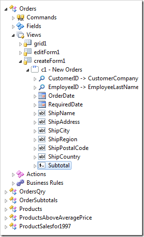 Subtotal data field node has been created in 'createForm1'.