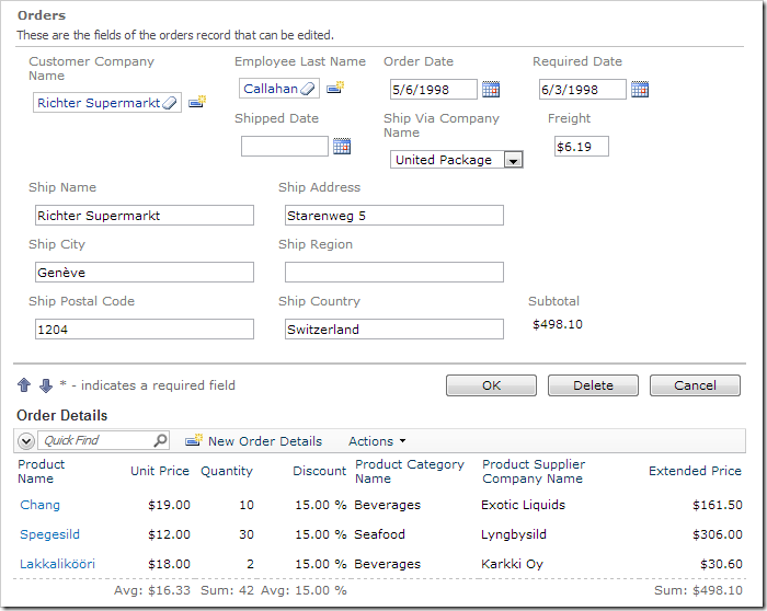 Subtotal data field is present in editForm1 of Orders.