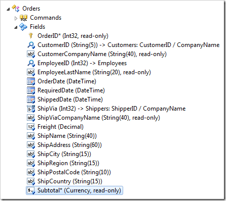 Subtotal field node under Orders controller in the Project Explorer.