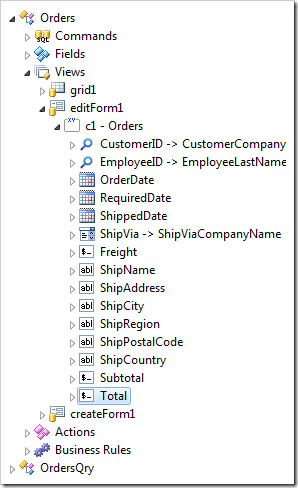 Total data field created in view 'editForm1'.