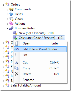 Edit Rule in Visual Studio context menu option for a code business rule.