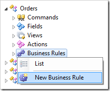 New Business Rule context menu option for Orders controller.