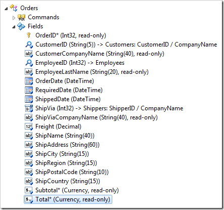 Total field in the Orders controller of the Project Explorer.