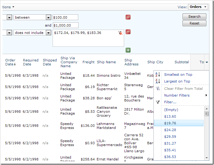 Subtotal and Total column header dropdowns are now enabled.