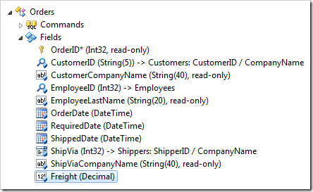 Freight field node selected in Orders controller of the Project Explorer.