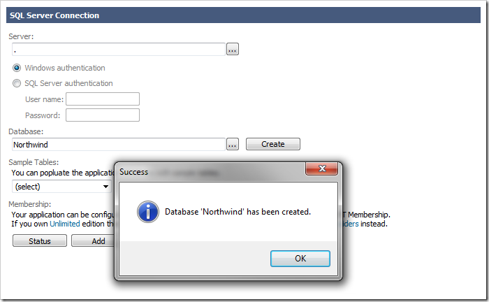 Database with the name of 'Northwind' created on the specified server.