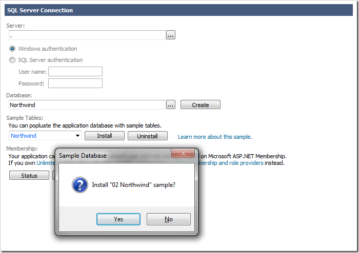 Installing the Northwind sample into the specified database.