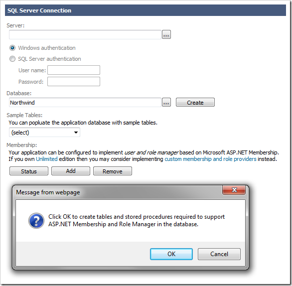 Prompt asking to create tables and stored procedures to support ASP.NET Membership and Role Manager in the database.