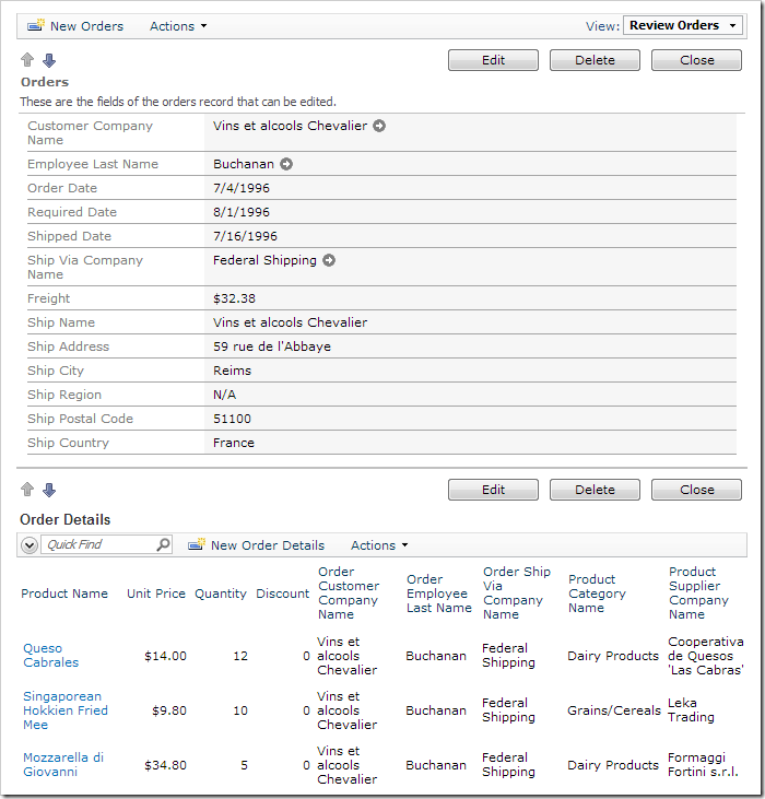 When an order is selected, order details are displayed underneath.