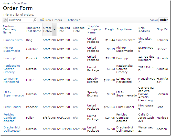 The list of orders has been sorted in descending order of Order Date.