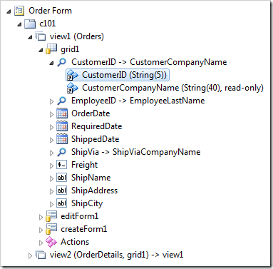 CustomerID field reference node under the CustomerID data field of grid1 view.