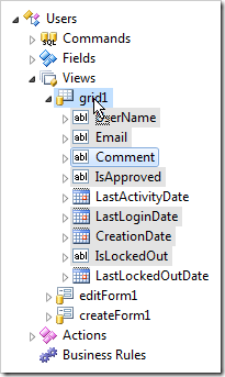 Dropping several data fields onto 'grid1' view.