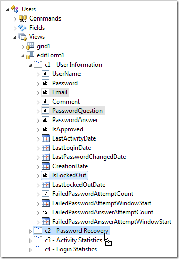 Dropping several data fields onto category 'c2 - Password Recovery'.