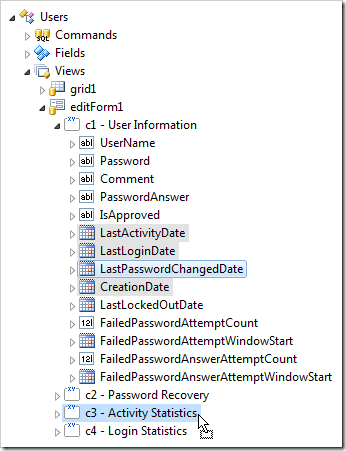 Dropping several data fields onto category 'c3 - Activity Statistics'.