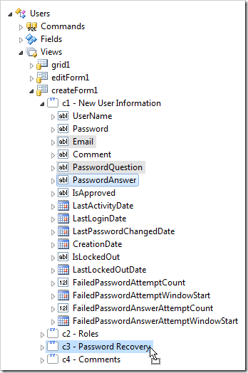 Dropping several data fields onto category 'c3 - Password Recovery'.