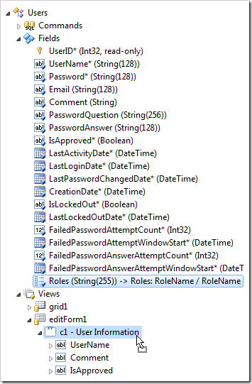 Dropping 'Roles' field onto a category in 'editForm1' to create a data field.