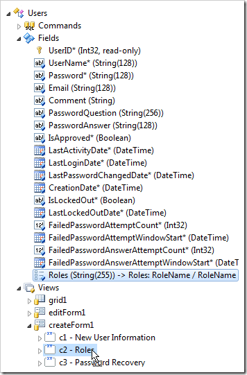 Dropping 'Roles' field onto a category in 'createForm1' to create a data field.