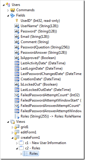 'Roles' data field created in 'createForm1' view.