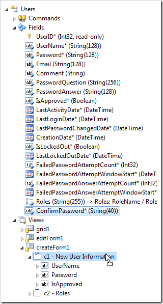 Dropping 'ConfirmPassword' field onto a category in 'createForm1' to create a data field.