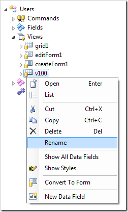 Renaming the view 'v100' using the context menu option.