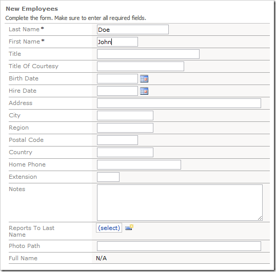 Typing in First and Last Name into each respetive field on the New Employees form.