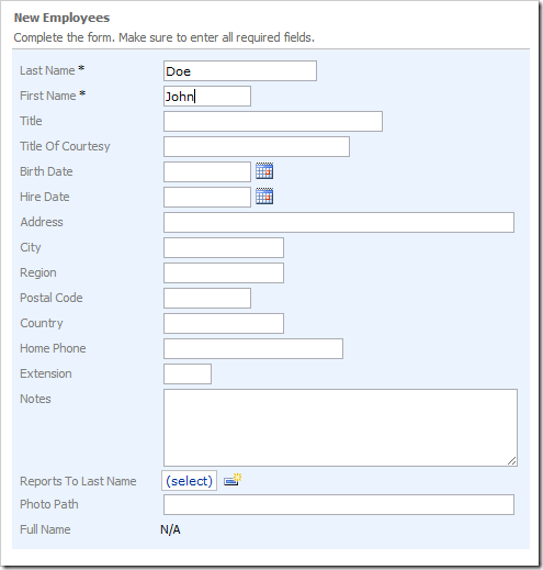 Values entered in LastName and FirstName fields.