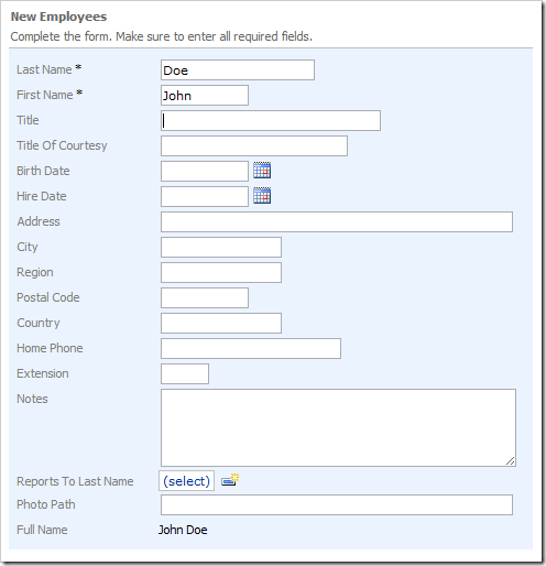 When user shifts focus, the FullName field is calculated.