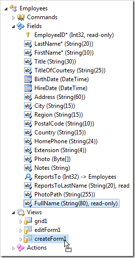 Dropping 'FullName' field node onto 'createForm1' view.