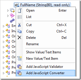 'Add JavaScript Converter' context menu option for FullName field node.