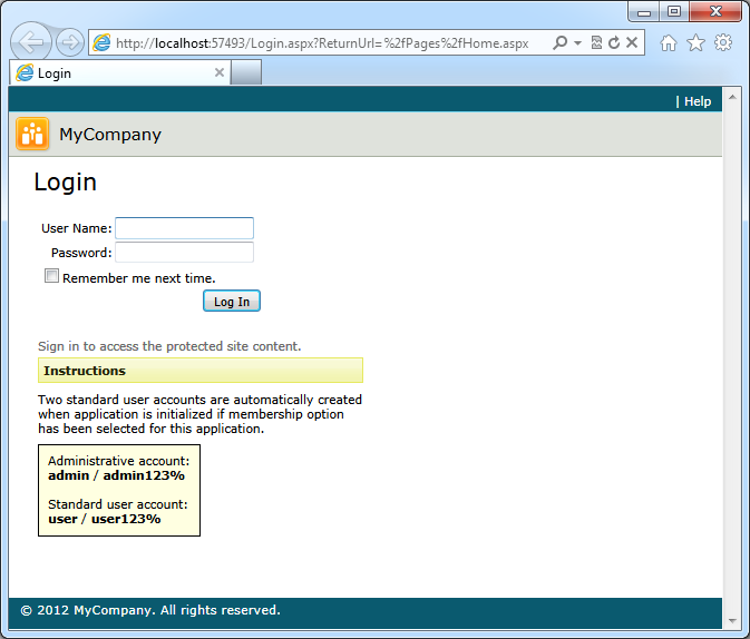 A standard dedicated login page created by application generator