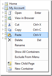 Paste context menu option for My Account page node.