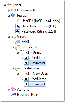 Data controller 'Users' with selected 'Password' data fields