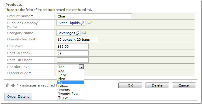 Reorder Level drop down list with static values.