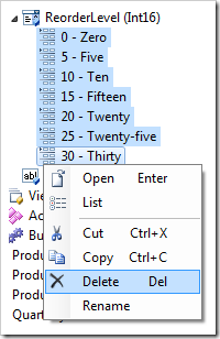 Deleting static lookup items for 'ReorderLevel' field.