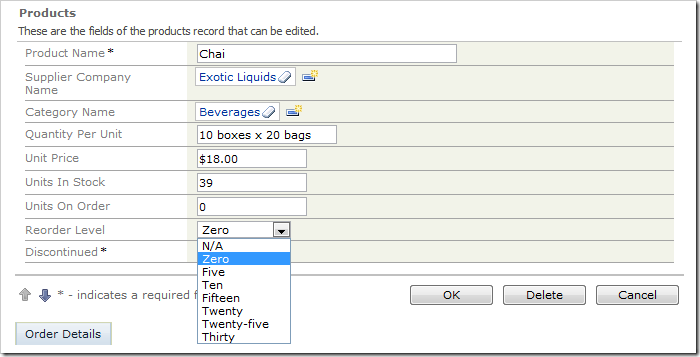 'Reorder Level' field is populated with values from 'ReorderLevel' table.