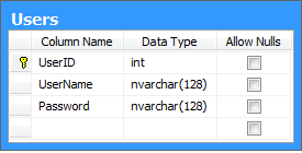 A user table with "identity" primary key allows keeping tracking of user names and passwords