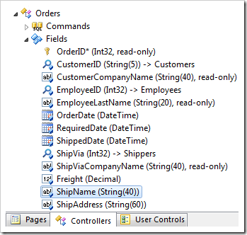 ShipName field in the Orders controller in Code On Time web application designer.