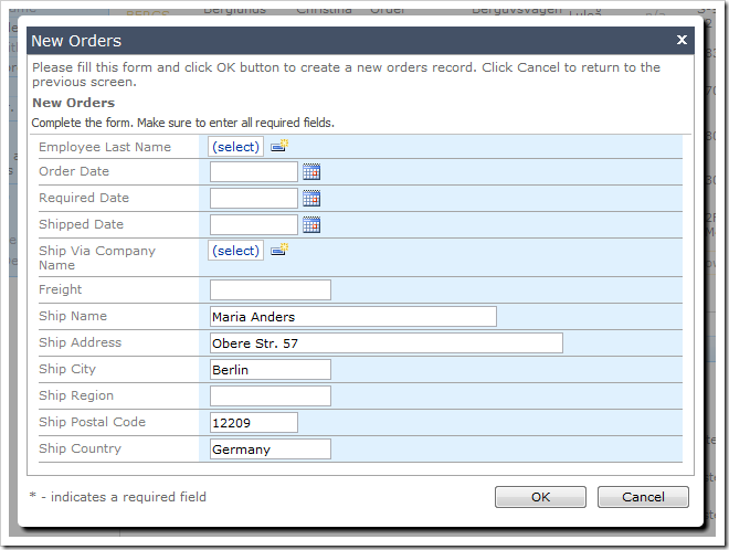 On the New Orders form, the shipping information has been populated using the values from the customer.