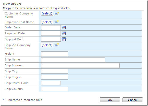 New Orders form has no customer selected, so no shipping information is populated.