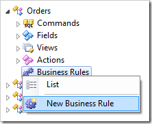 New Business Rule context menu option in the Orders controller.