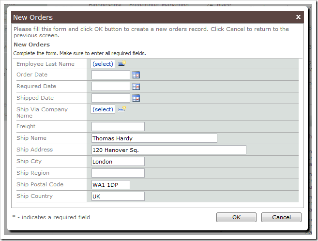 New Orders form on the Customers page prepopulated with customer shipping information.