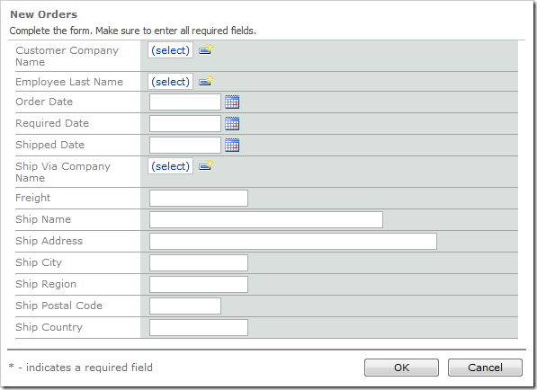 New Orders form on the Orders page. Customer is not selected, and the shipping fields are blank.