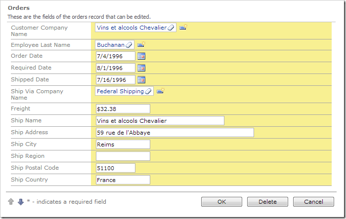 Orders edit form created by Code On Time Designer.