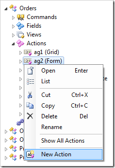 New Action context menu option for Orders controller.