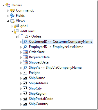 CustomerID data field in editForm1 view of Orders controller.