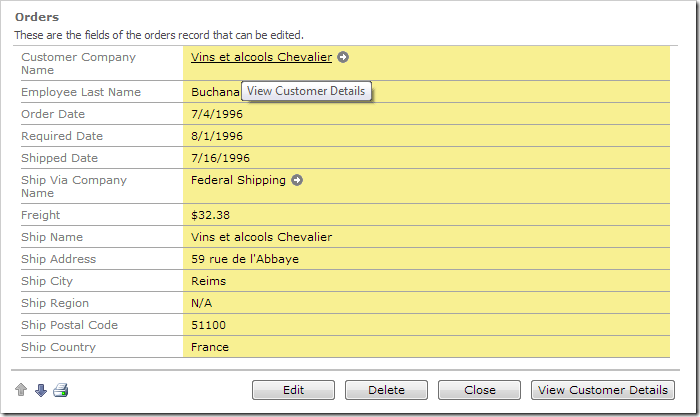 Orders form with Customer Company Name formatted as a hyperlink.